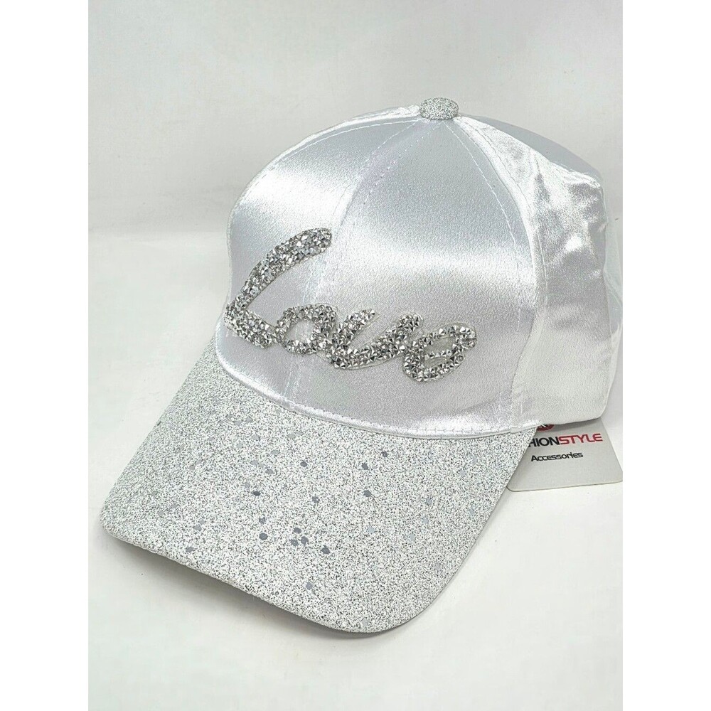 Fashion Style White Satin Rhinestone "Love" Baseball Cap Glitter Brim Adjustable